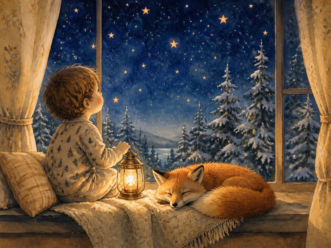 Un enfant en pyjama regarde les étoiles avec une lanterne, un renard endormi à ses côtés