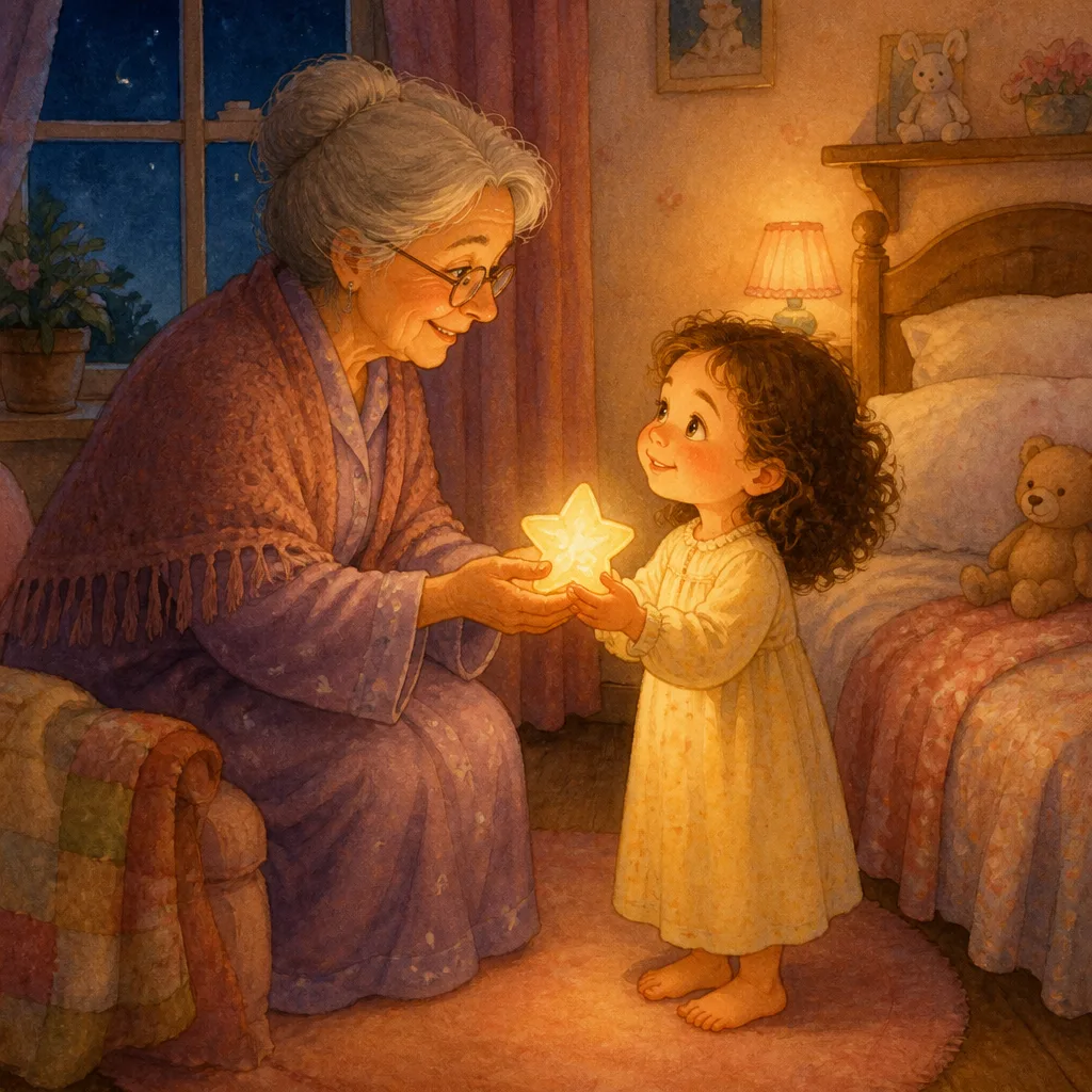 Illustration de l'histoire : une grand-mère tend une petite lampe de poche à une enfant, le soir