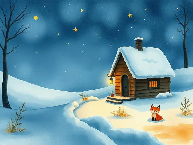 Illustration à l'aquarelle : une maison québécoise sous la neige, avec la chambre de l'enfant éclairée à l'étage