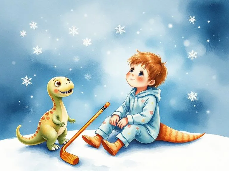 Illustration à l'aquarelle : un enfant entouré de ses passions, dinosaures, hockey et flocons de neige